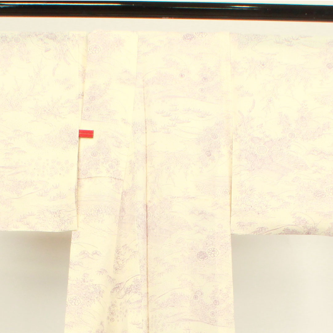 夏物 正絹 小紋 身丈154.5cm 裄丈63.5cm 乳白色(にゅうはくしょく) 松竹梅 菊 流水 絽 Sランク 白系 1132000642211