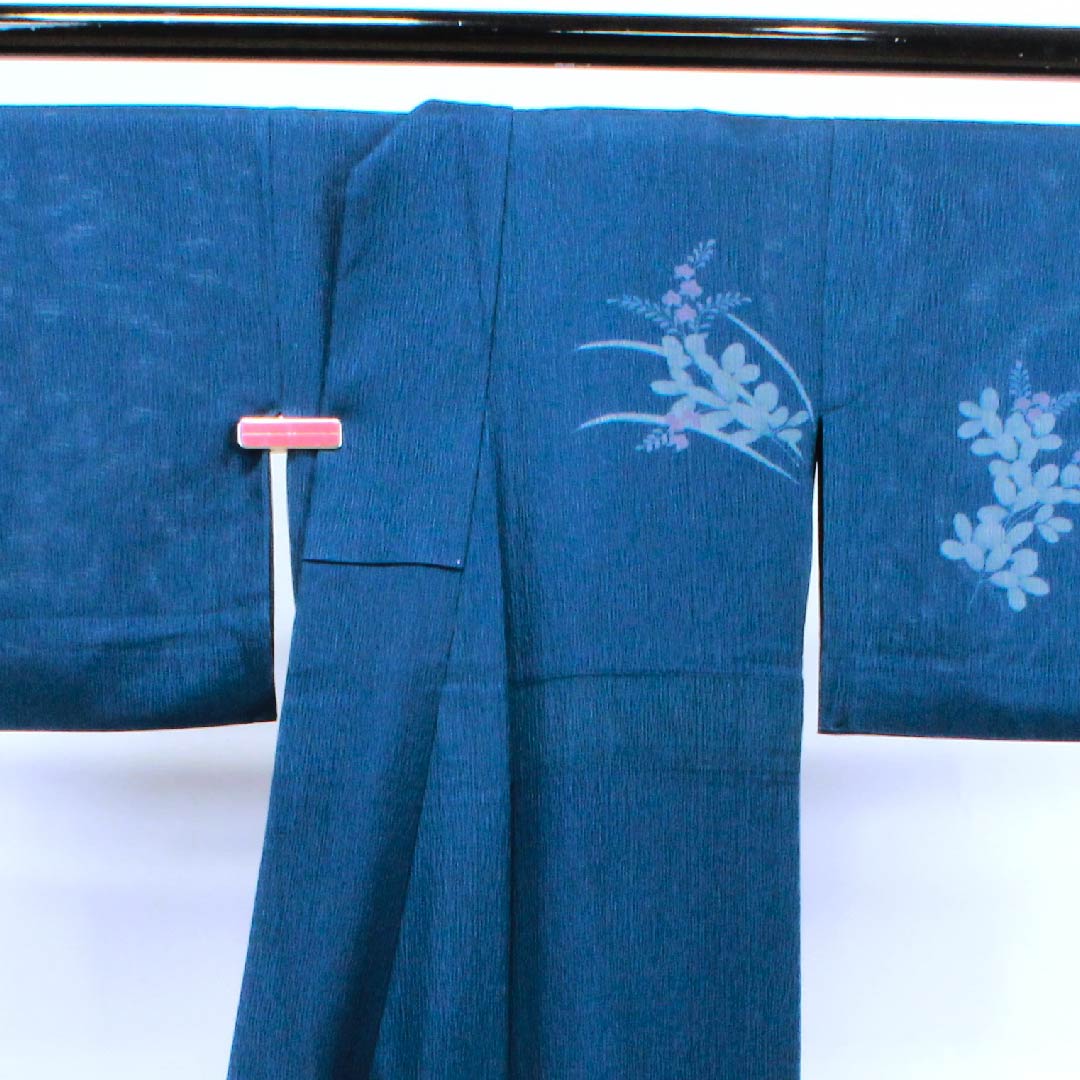 夏物 正絹 訪問着 身丈158cm 裄丈63.5cm 濃藍色(こいあいいろ)草花模様 二重紗 Sランク 紺系 1132000142318