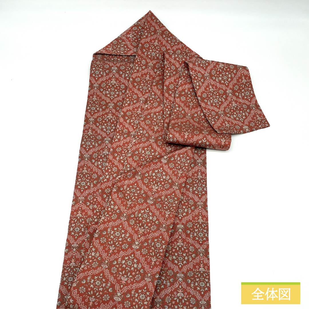 Nagoya Obi, Pure Silk, S-Rank, Benikakiiro (Red Persimmon Color), Shoba Weave, Sarasa Pattern, 330cm Length, Full Length, Casual, Orange, Item Number: 1124009362326, Nagoya Style