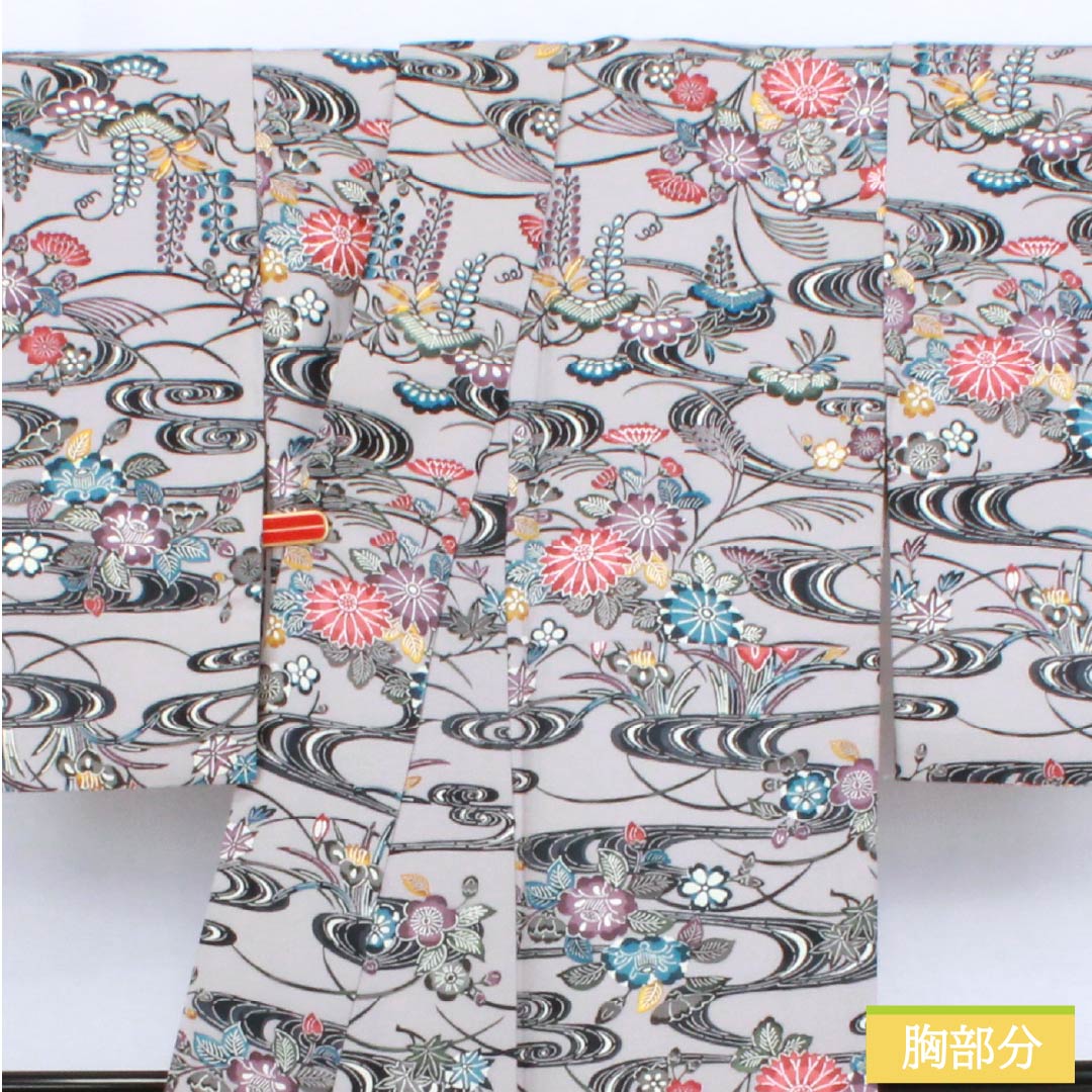 Komon silk, A-rank, length 157.5cm, sleeve length 62.5cm, lined, light ink color (usuzumiiro), Kyoto Bingata pattern, flowing water and floral pattern, gray tones, product number 1115006373322
