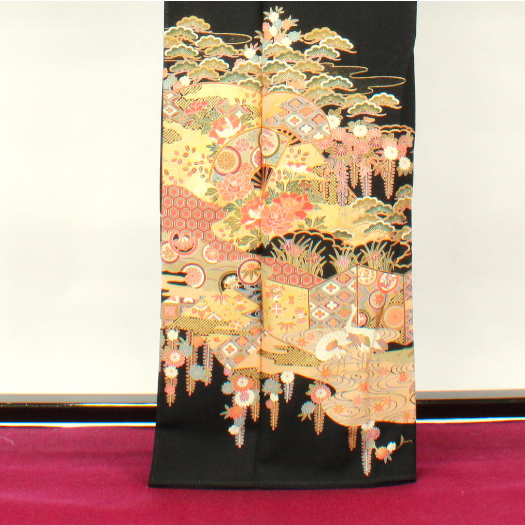 黒留袖 身丈164.5cm 裄丈63cm 袷 京友禅 吉祥文様 九枚笹 正絹 Sランク 五つ紋 黒系 1111000612410