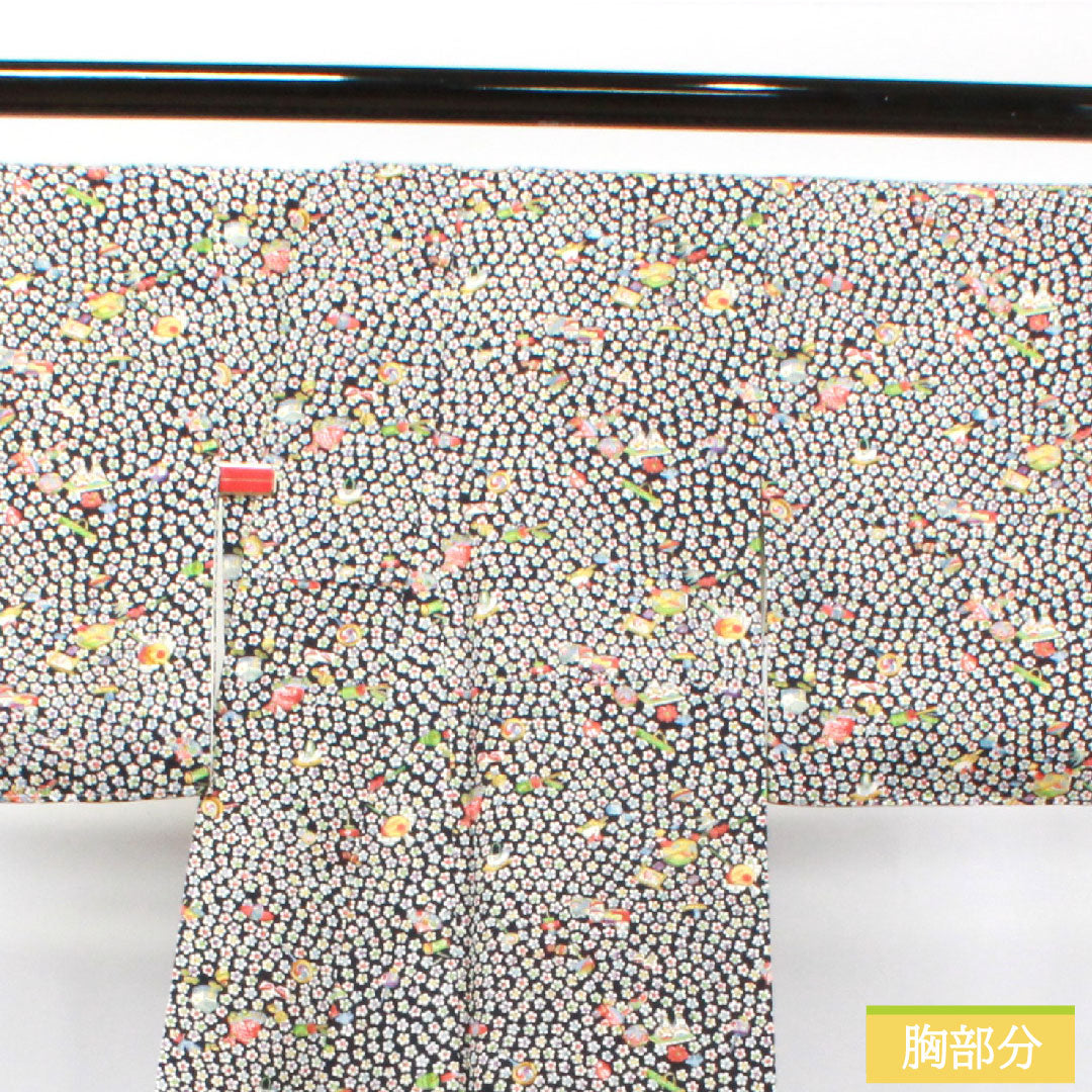 小紋 正絹 身丈152cm 裄丈60.5cm 袷 吉祥文様 しつけ糸付き 未使用品 Sランク 黒系 1115003822210