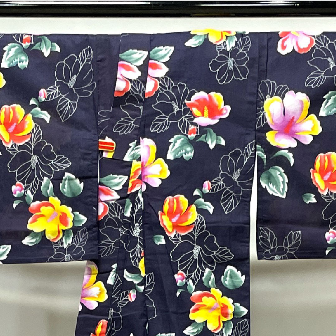 Yukata, purple, floral pattern, cotton, S rank, single layer, length 162.5cm, sleeve length 64.5cm, purple, 1118002352420