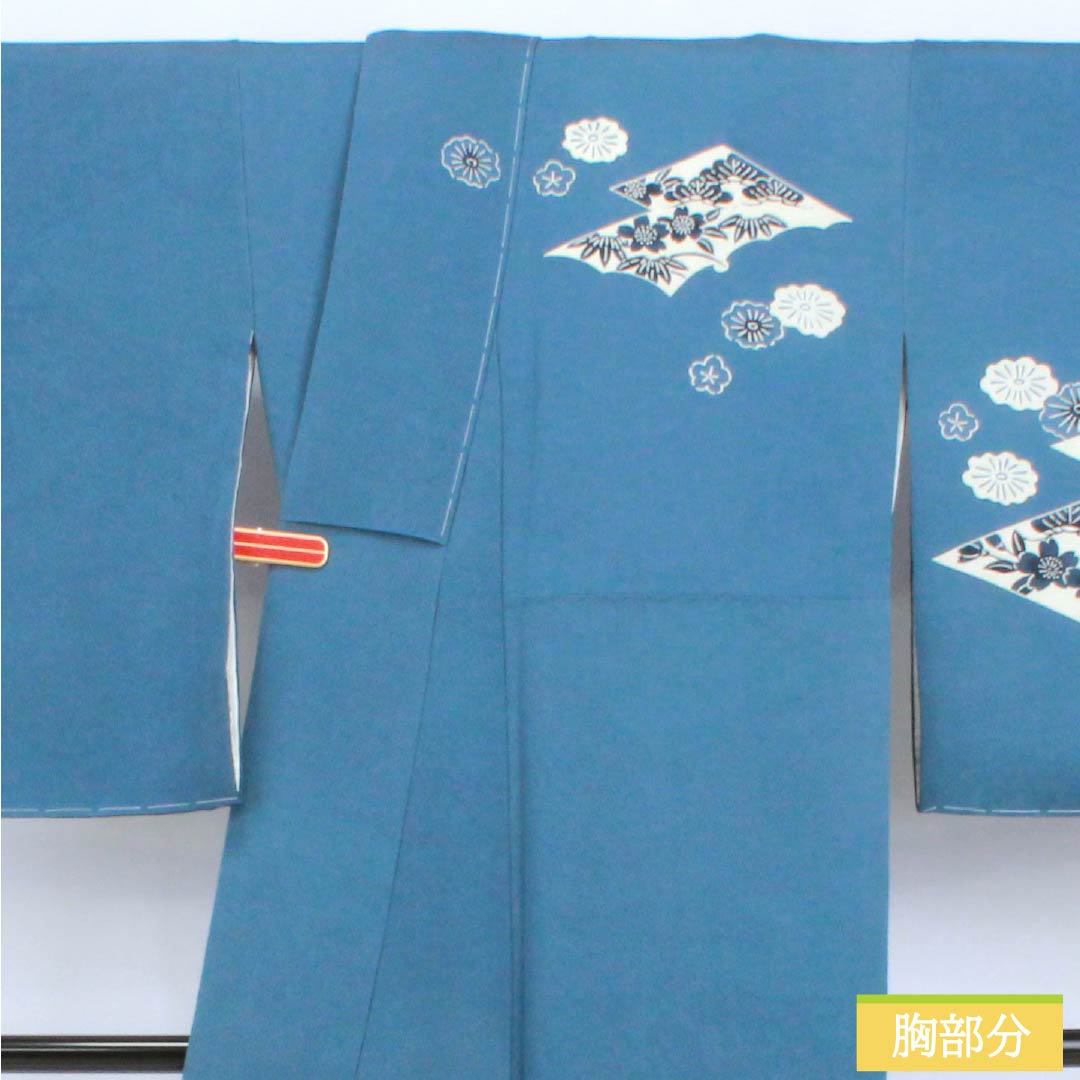 訪問着 正絹 Sランク 袷 身丈166.5cm 裄丈69cm 裏色(うらいろ) 藍型 浜ちりめん 風景模様 しつけ糸付き ソフトガード加工 青系 1112007692517