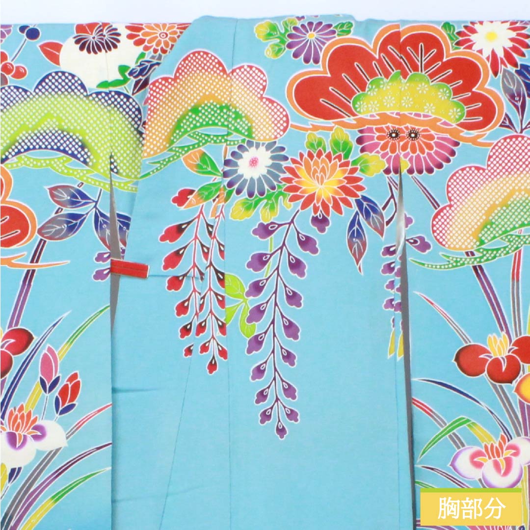 A-rank pure silk furisode kimono (long-sleeved kimono), length 166.5cm, sleeve length 64.5cm, lined, light blue, Kyoto Bingata crepe fabric, auspicious plum and pine motifs, light blue, product number 1113002543524