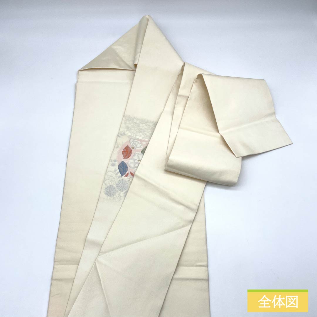 Nagoya Obi, Milky White (Nyuhakushokuiro) Design, Chinese Flowers, Chrysanthemums, and Peony, 350cm Long, Pure Silk, Grade A, Pointed Pattern, Semi-Formal, Cream, Item Number: 1124008453315, Nagoya Style