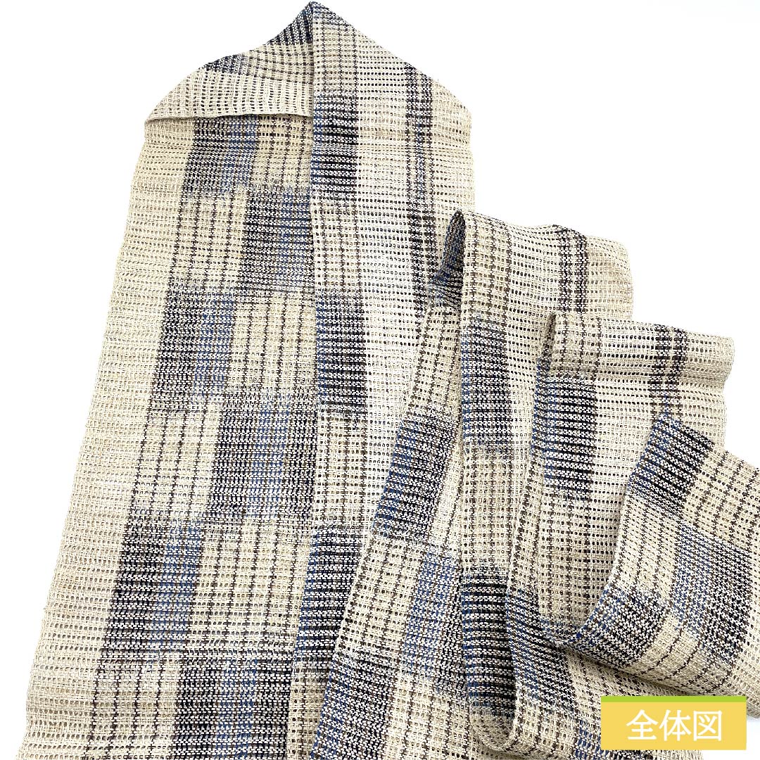 Nagoya obi, Torinoko color, checkered pattern, stripes, obi length 404cm, pure silk, S rank, full length, casual, beige, 1124005942325, Nagoya style