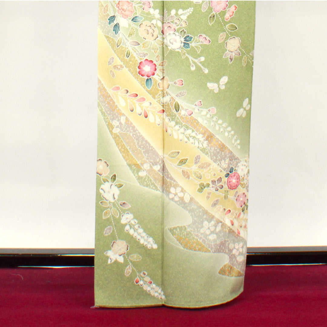 訪問着 正絹 袷 身丈163cm 裄丈65cm 根岸色(ねぎしいろ) 草花模様 しつけ糸付き Sランク 緑系 1112002222419