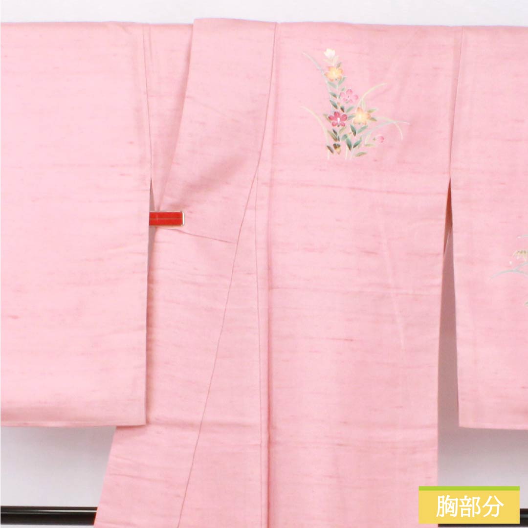 Visiting Kimono, Pure Silk, Rank B, Lined, Length 167cm, Sleeve Length 66cm, Fake Peach Color (Fake Momoiro), Ushiku Tsumugi Silk, Kyoto Kaga Yuzen, Tsukesage, Artist's Work, Floral Design, Pink, Product Number: 1112007544513