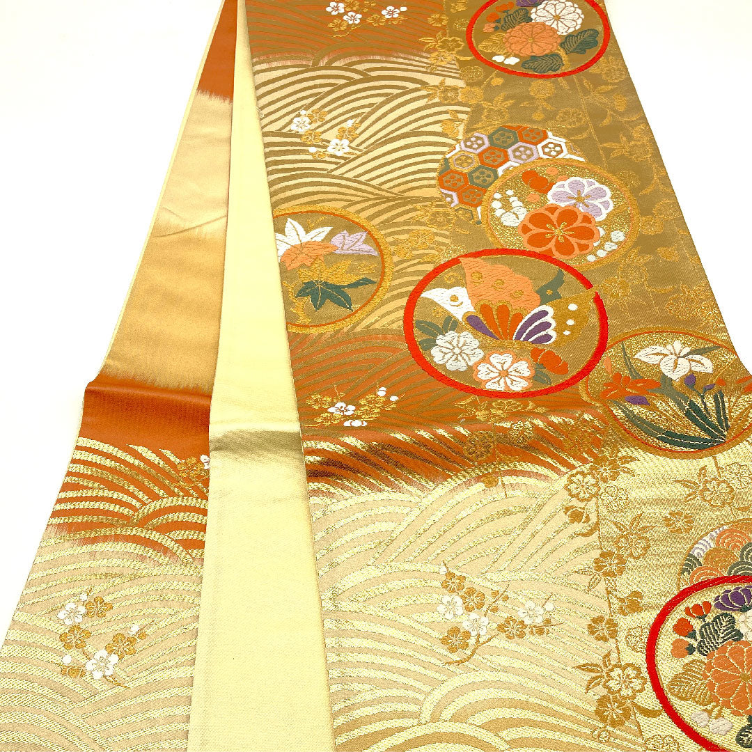 袋帯 蝶 波模様 草花模様 有職波桜文 帯丈428cm 正絹 Aランク 六通 フォーマル 金系 1123004363321