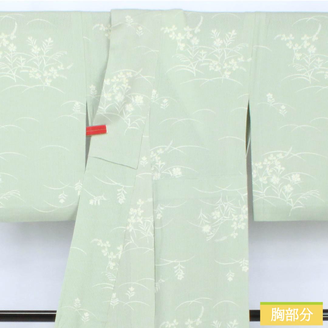 夏物 正絹 小紋 身丈153cm 裄丈62cm 白緑色(びゃくろくいろ) 京友禅 秋草 三松シルクケア 絽 Aランク 緑系 1132002093219