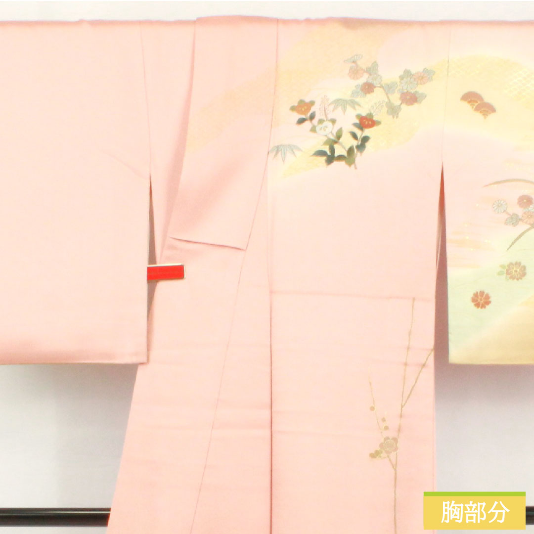 訪問着 正絹 袷 身丈161.5cm 裄丈65.5cm 薄紅梅色(うすこうばいいろ) 京友禅 吉祥文様 Bランク ピンク系 1112006004413