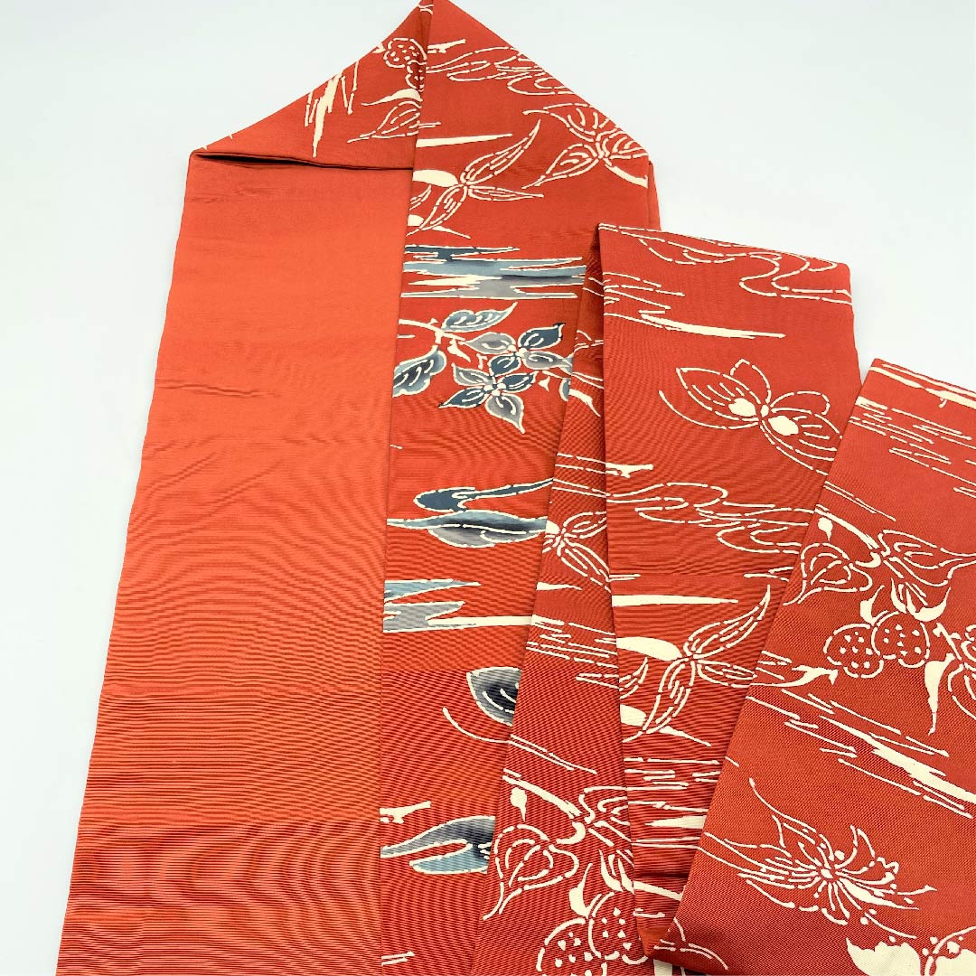 名古屋帯 紅鳶色 蝶 草花模様 帯丈349.5cm 正絹 Bランク 全通 カジュアル 朱系 1124003024316 名古屋仕立て