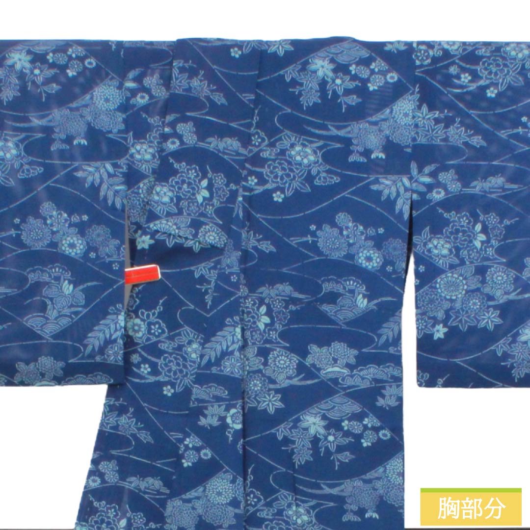 夏物 正絹 小紋 Aランク 身丈156.5cm 裄丈62.5cm 瑠璃色(るりいろ) 型染 吉祥文様 スコッチガード加工 絽 青系 1132004683317