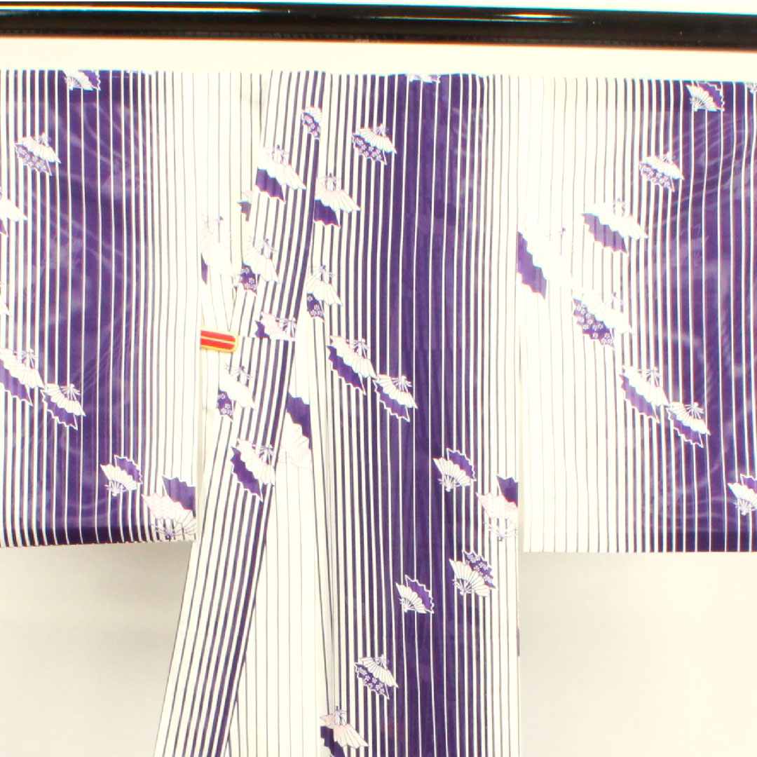 Summer kimono, polyester, small pattern, length 162.5cm, sleeve length 62cm, washable kimono, fan, stripes, silk, S rank, gradation style, 1132000712499