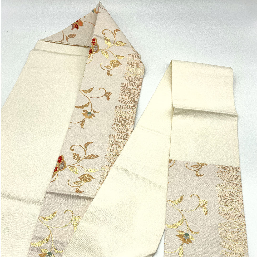 Nagoya obi with Chinese flower pattern, obi length 361cm, pure silk, A rank, six-pass, semi-formal, cream color, 1124001523315, Nagoya style