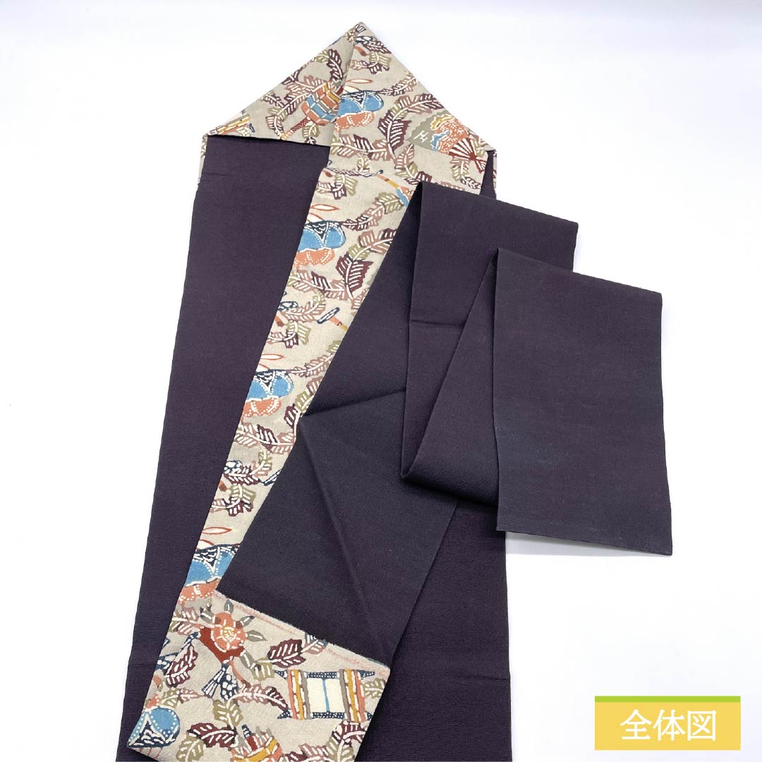 Nagoya Obi, Pure Silk, Grade A, Sobakiri (Soba-kiri Color), Stencil Dyed with Bingata-inspired Abstract Floral Design, Length 340cm, Six-fold, Casual, Gray, Product Number 1124010443322, Nagoya Style