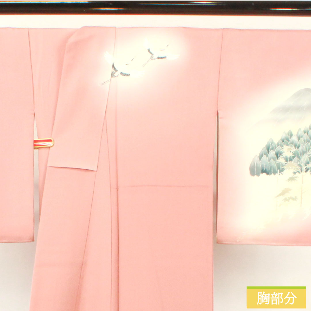 訪問着 正絹 袷 身丈170.5cm 裄丈69.5cm 一重梅色(ひとえうめいろ) 京友禅 比翼仕立て 風景模様 鶴 三つ紋 Sランク ピンク系 1112004612613