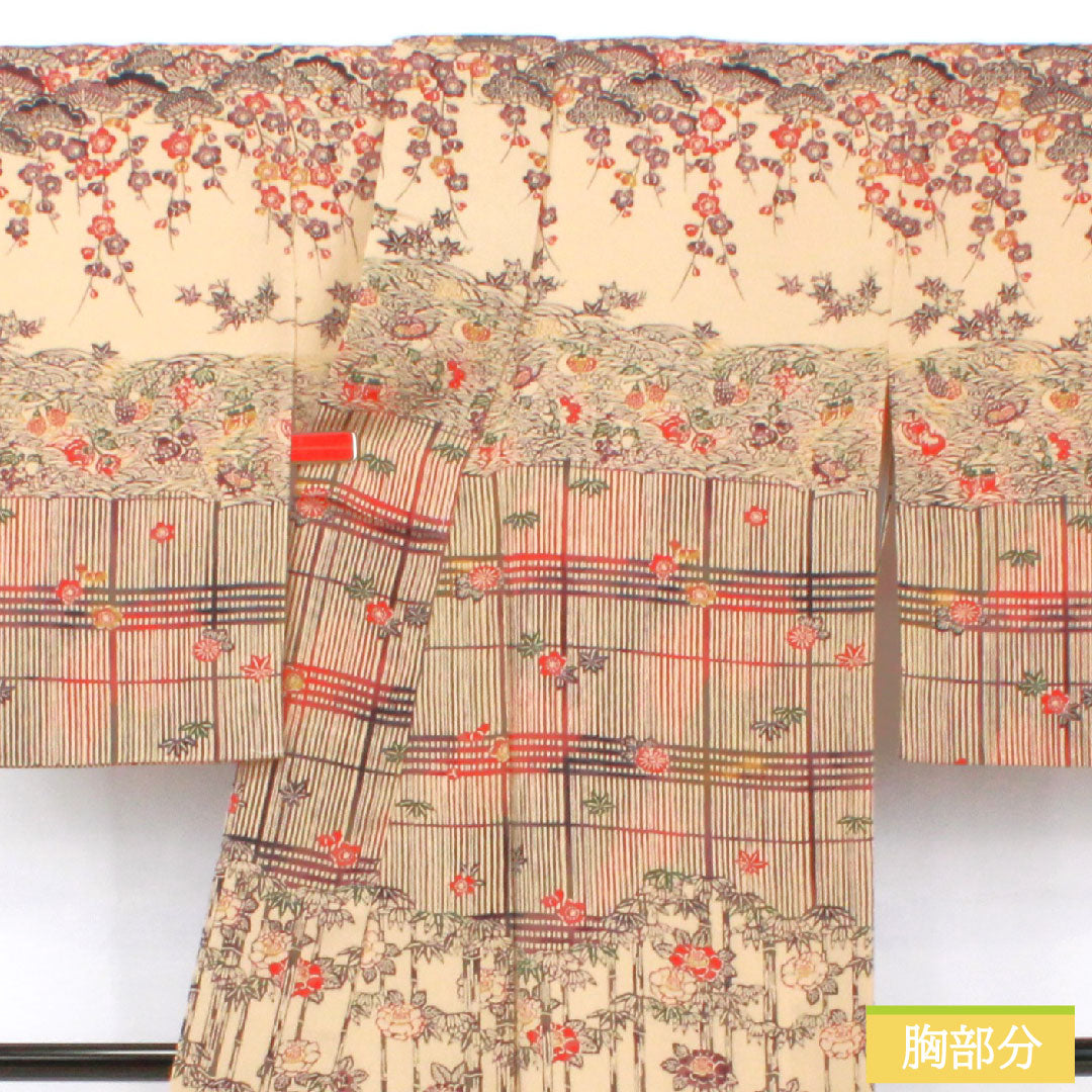 Homongi, pure silk, lined, length 172cm, sleeve length 64.5cm, pine dyed, Kyoto Bingata, auspicious motif, Silfine processing, crepe fabric, S rank, beige, 1112005982625