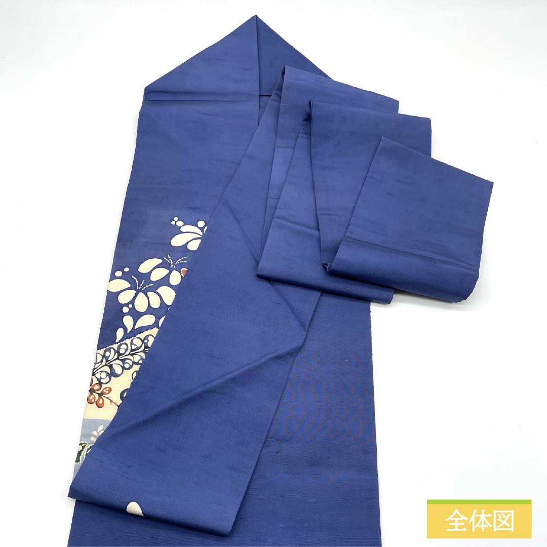 名古屋帯 韓藍色(からあいいろ) 紬地 辻ヶ花 染め帯 帯丈358cm 正絹 Bランク ポイント柄 カジュアル 青系 1124008264317 名古屋仕立て
