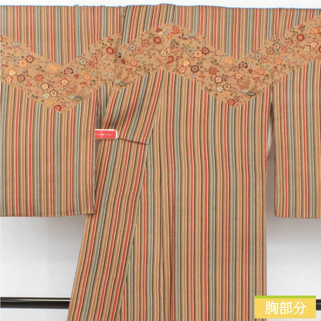 Visiting Kimono, Pure Silk, S Rank, Lined, Length 165.5cm, Sleeve Length 66.5cm, Enshu Brown, Kyoto Bingata Pattern, Striped, Chayatsuji, Orange, Item Number: 1112006892526
