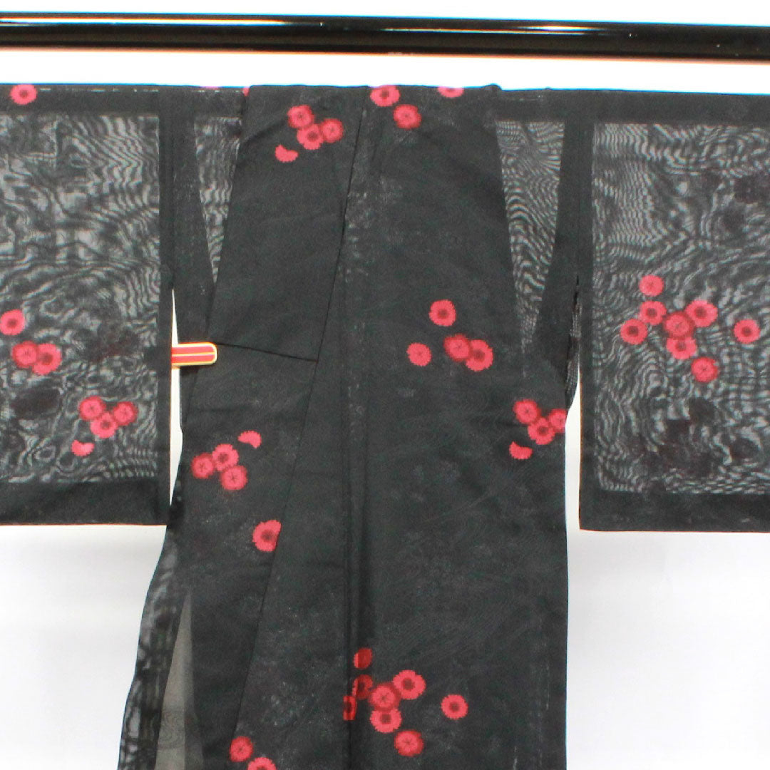 Summer kimono, polyester, small pattern, length 152.5cm, sleeve length 63cm, flowing water, chrysanthemum, washable kimono, gauze, A rank, black, 1132001243210