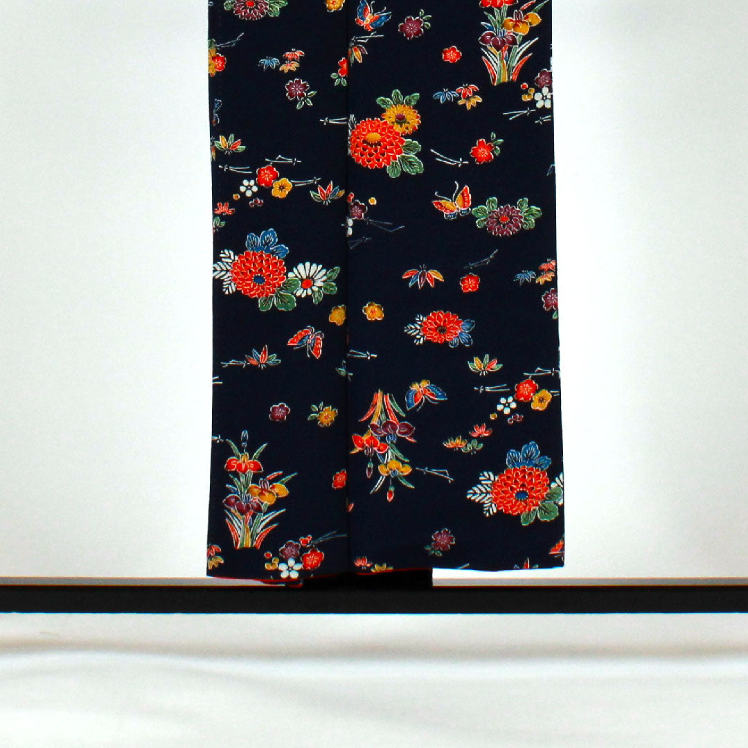 小紋 身丈154cm 裄丈66cm 袷 型染 松竹梅 花模様 正絹 Aランク 紺系 1115001213218