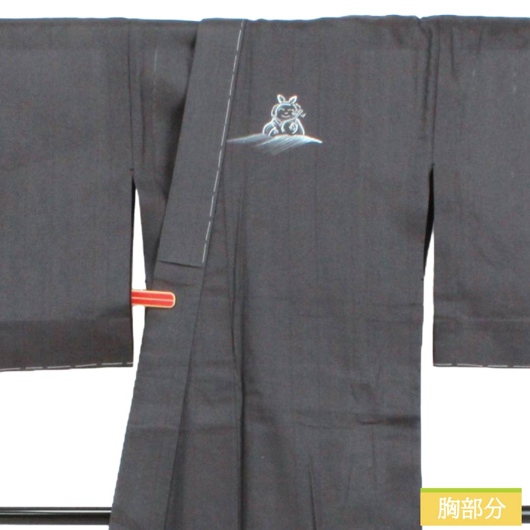 夏物 正絹 訪問着 Sランク 身丈167cm 裄丈68cm 付下げ 手描き 紬地 七福神 絽 黒系 1132003572510
