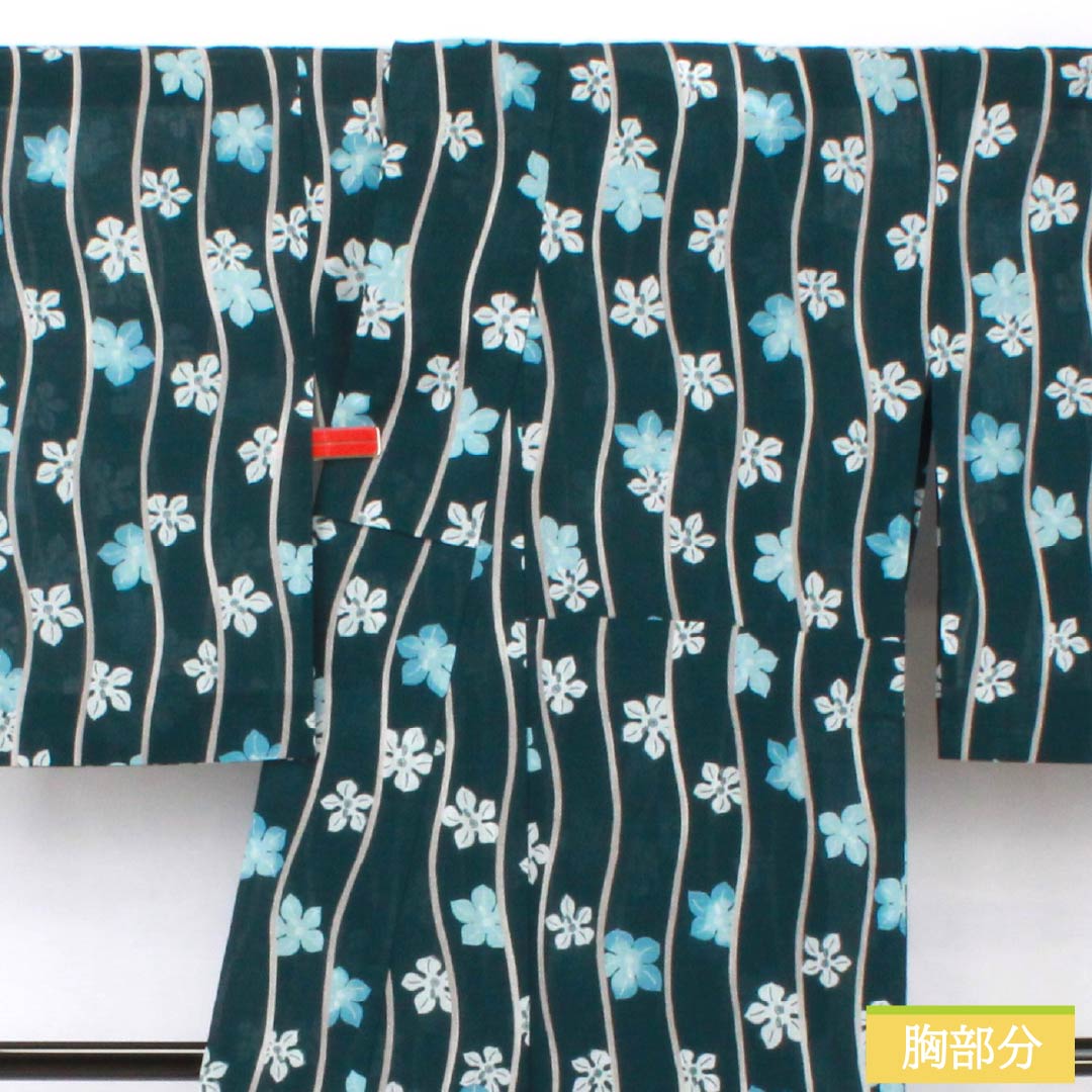 Summer kimono, polyester, small pattern, length 167cm, sleeve length 69cm, Korean nandō color, staggered stripes, flower, washable kimono, gauze, S rank, blue 1132002352517
