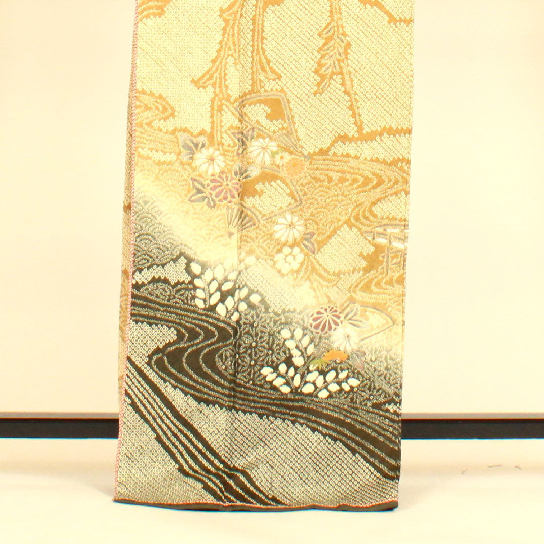 Homongi, lined, length 167cm, sleeve length 69cm, all-over tie-dye, embroidery, auspicious motif, pure silk, S rank, yellow, 1112000562523