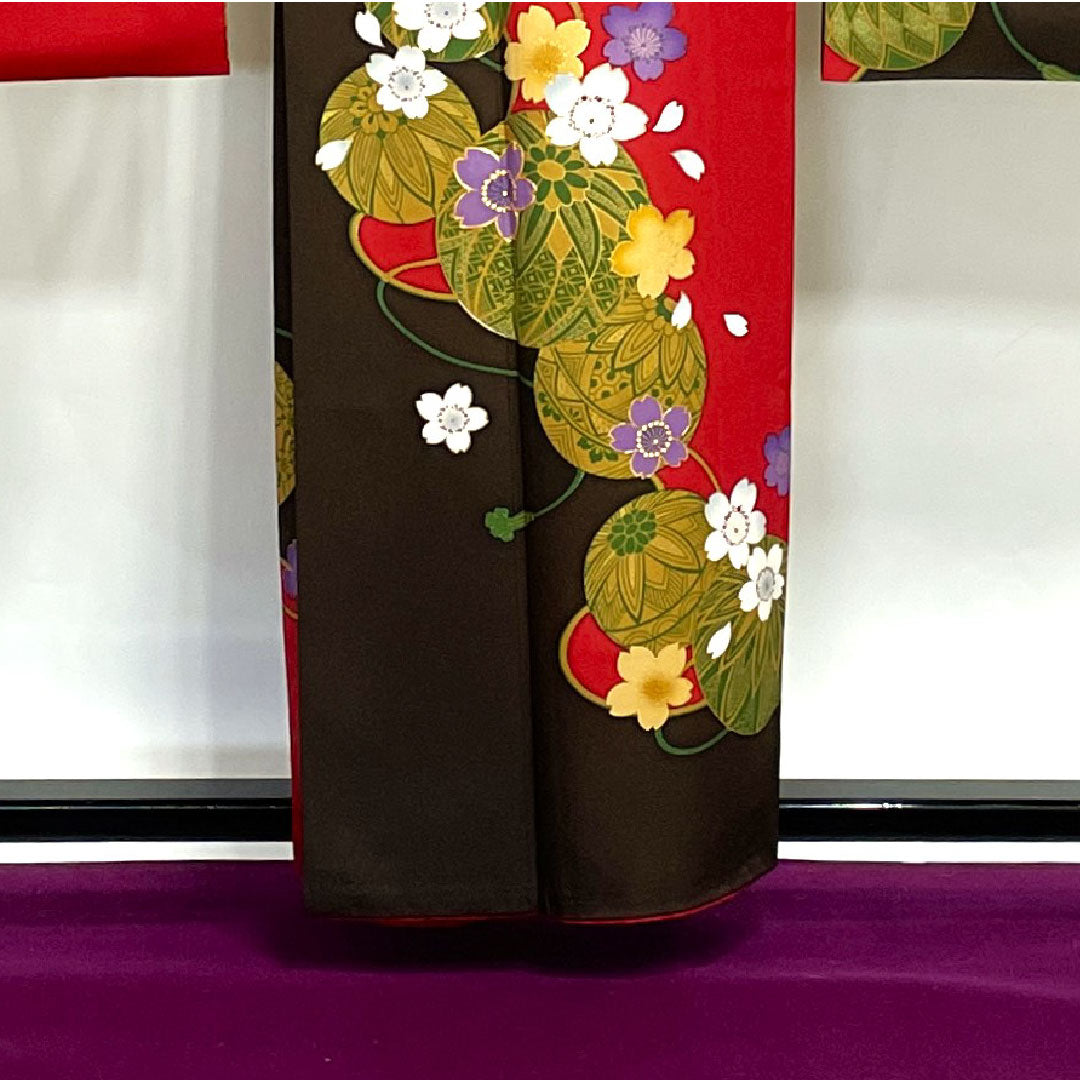 振袖 身丈159.5cm 裄丈65.5cm 袷 生臙脂色 赤墨色 鞠 桜 正絹 Sランク グラデ 1113001232399
