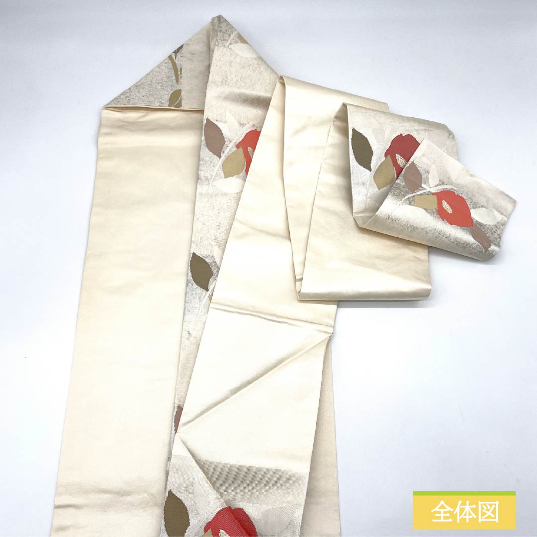 Nagoya obi, chalk-colored, Hasegawa Orimono, Shinei Saika, camellia, obi length 359cm, pure silk, S rank, six-pass, casual, silver, 1124007872322, Nagoya-made