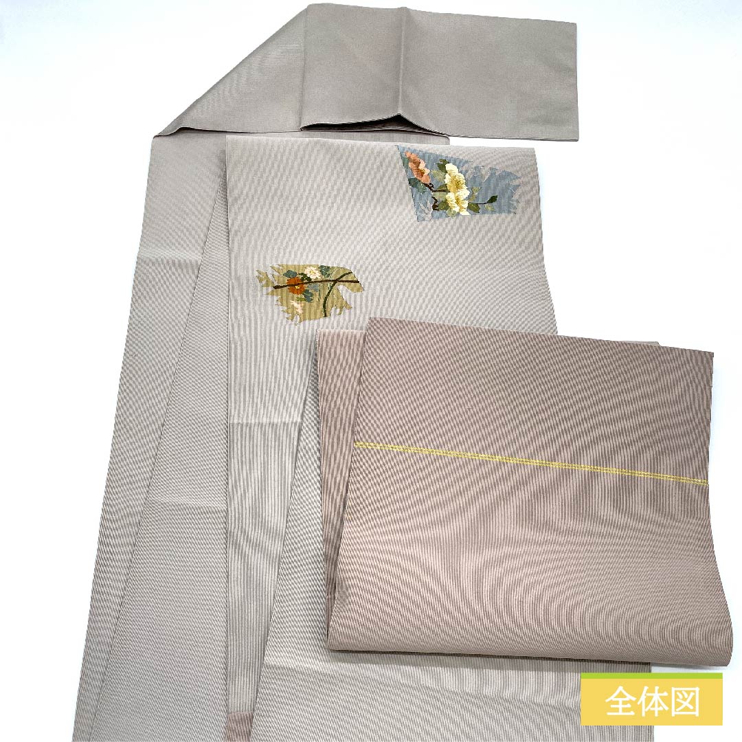 Nagoya obi, grayish white, bamboo, curtain flower, obi length 370cm, pure silk, S rank, point pattern, casual, gray, 1124006422322, pine needle style