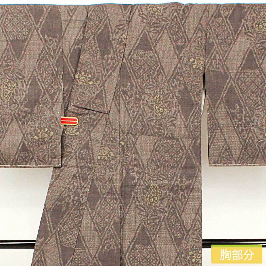 結城紬 正絹 身丈157.5cm 裄丈64.5cm 黝色 抽象模様 しつけ糸付き 未使用品 Sランク 袷 グレー系 1116003322322