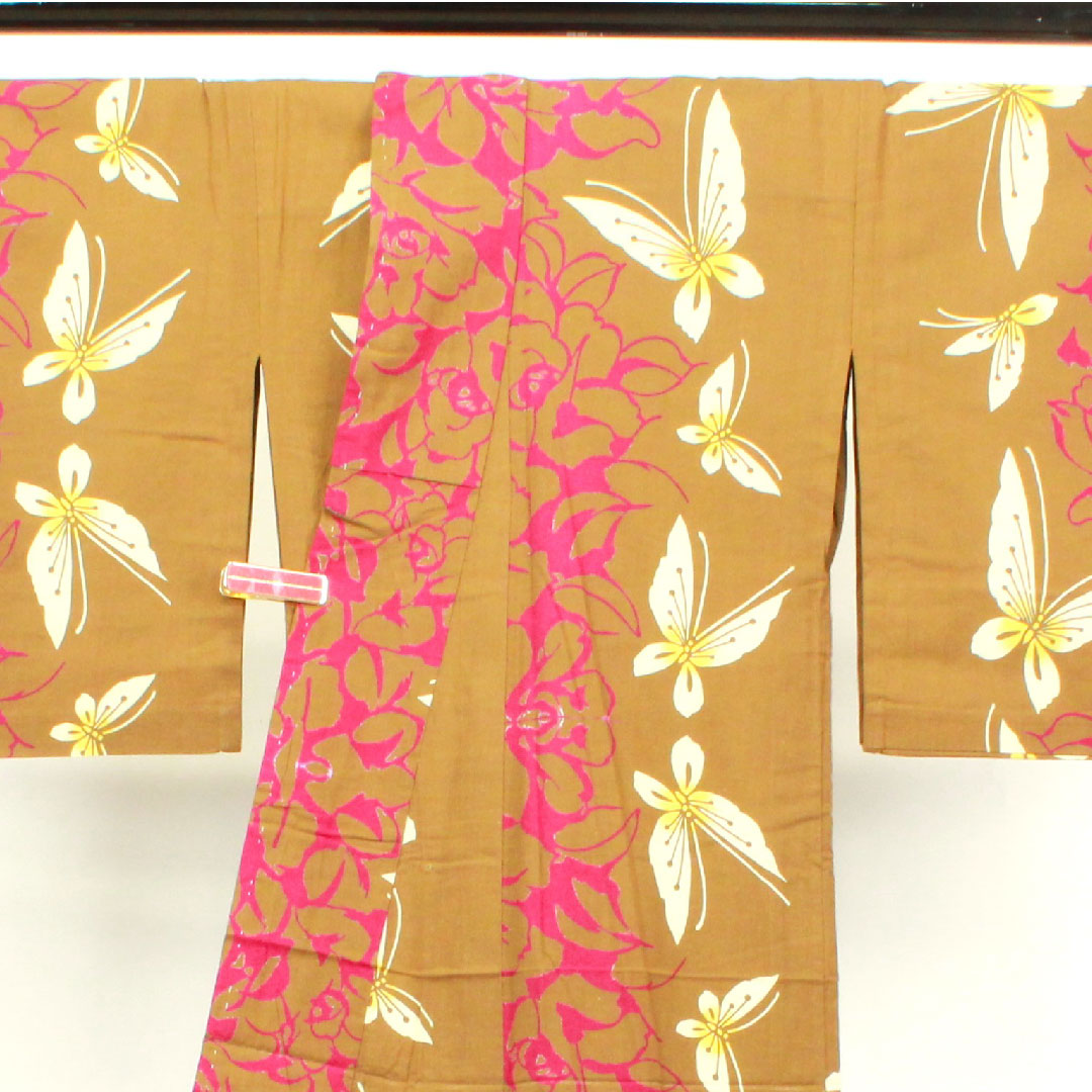 Yukata Kyara color butterfly rose cotton A rank single layer length 160.5cm sleeve length 64.5cm brown 1118001743414