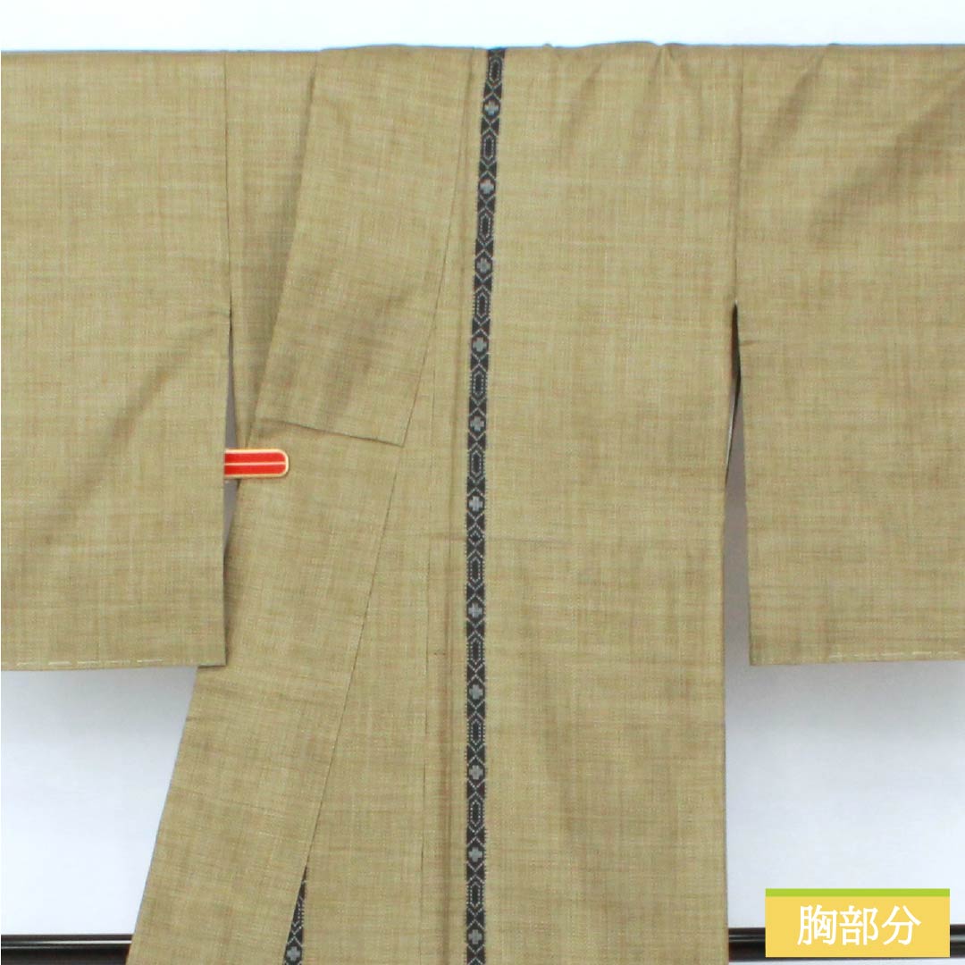 Silk Tsumugi (S-Rank) - Length 160.5cm, Sleeve Length 62cm, Kobichairo (Lustful Brown) - Authentic Oshima Tsumugi, Ichigen Kasuri Pattern, 7 Marks, Lined, Green, Product Number: 1116004522419