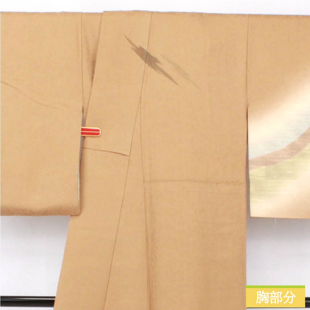 Visiting Kimono, Pure Silk, Grade A, Lined, Length 164.5cm, Sleeve Length 63cm, Light Fallen Leaf Green (Usukuchibaiiro) with Abstract Pattern, Beige, Product Number: 1112007463425
