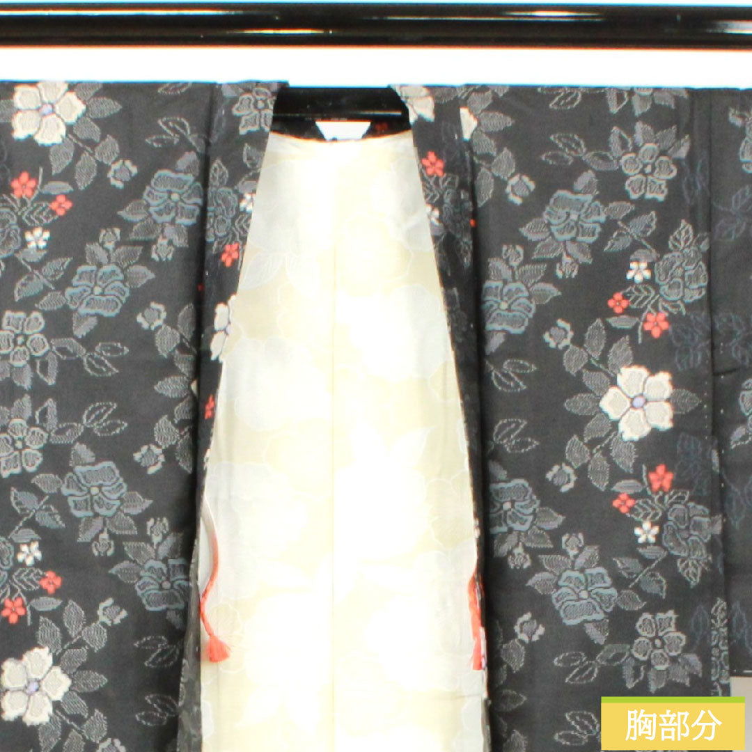 Haori, pure silk, length 83cm, sleeve length 65.5cm, Murayama Oshima, floral pattern, basting thread included, unused, S rank, lined, black, 1117001142910