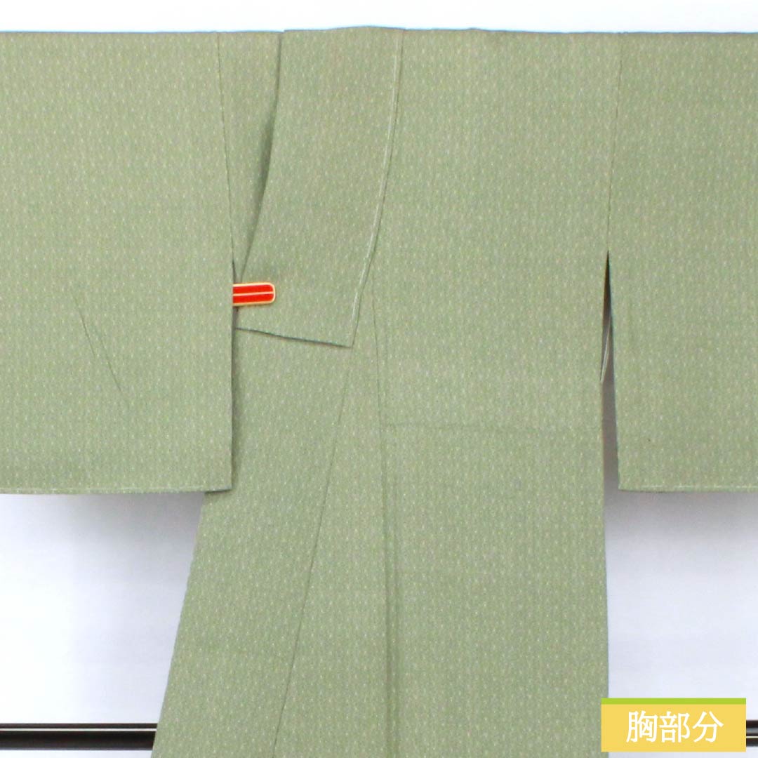 小紋 正絹 身丈157cm 裄丈62cm 袷 岩井茶色(いわいちゃいろ) 型染 江戸小紋 麻の葉模様 しつけ糸付き Aランク 緑系 1115005323319