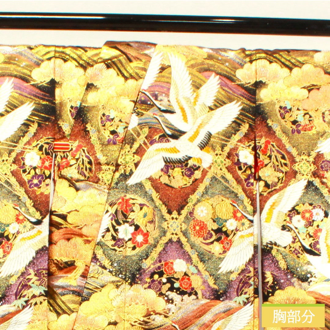 Colored uchikake, pure silk, length 190cm, sleeve length 65cm, Karaori, pine and crane, S rank, lined, black, 1110000722910