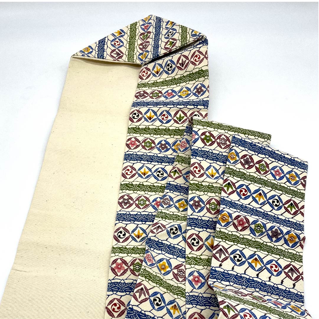 Nagoya obi, natural color, genuine bingata, circle with flower pattern, obi length 330.5cm, cotton, S rank, full length, casual, cream color, 1124003652315, Nagoya style