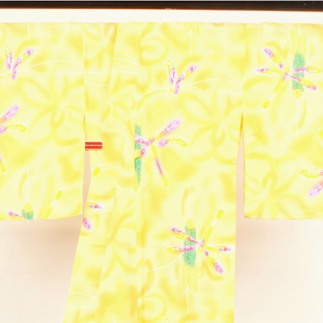 浴衣 玉蜀黍色 トンボ 矢羽根 木綿 Bランク 単衣 身丈162cm 裄丈66cm 橙系 1118001624426