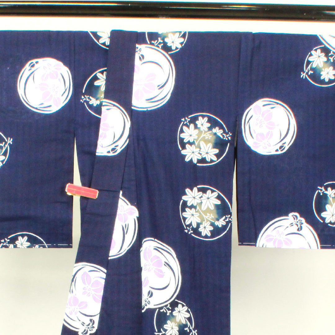 Yukata with basting thread, unused, dark blue, iris, cotton, S rank, single layer, length 166cm, sleeve length 67.5cm, navy blue, 1118002822518