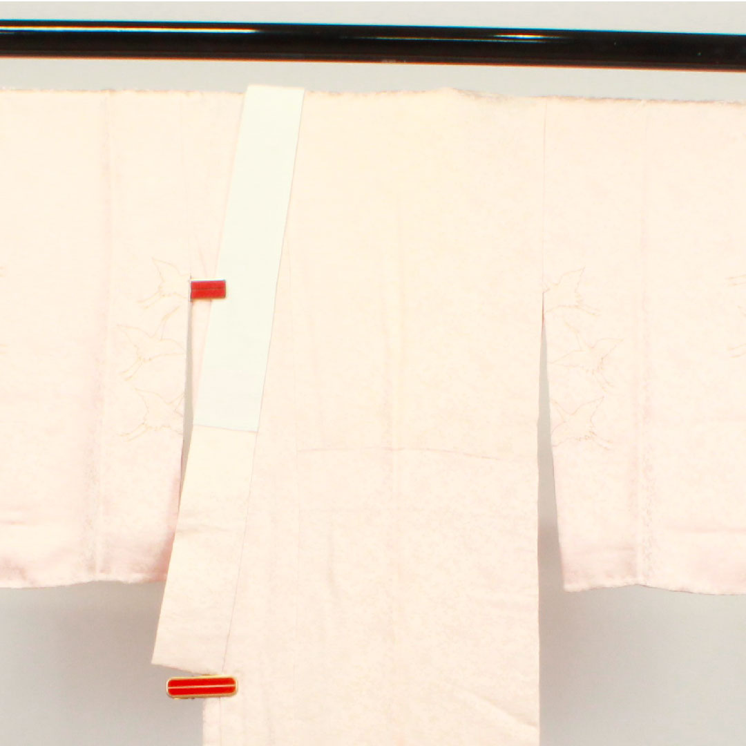 Long undergarment, pure silk, length 135cm, sleeve length 68cm, lined, formal, crane, partially dyed, patterned feathers, S rank, pink, 1129000532413