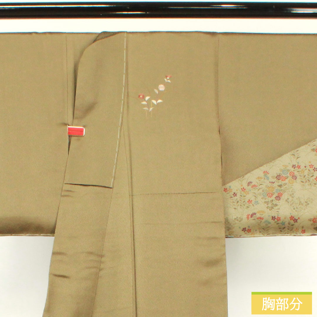 Homongi, pure silk, lined, length 154cm, sleeve length 63cm, kobi chairo (light brown), floral pattern, with basting thread, A rank, green, 1112004523219