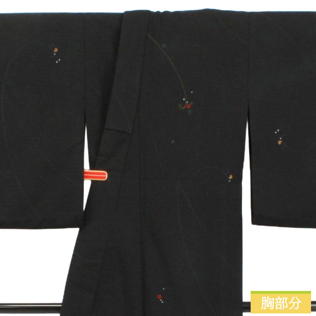 夏物 ポリエステル 小紋 Sランク 身丈159.5cm 裄丈66.5cm 抽象模様 洗える着物 絽 黒系 1132003352310