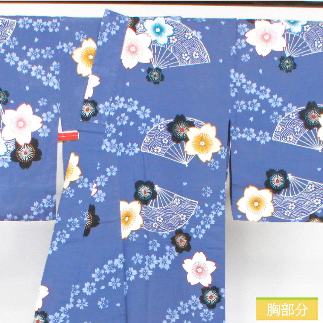 Yukata Cotton Length 160cm Sleeve length 64cm S rank Single layer Blue Edo-nandou color Cherry blossom Folding fan 1118005192417