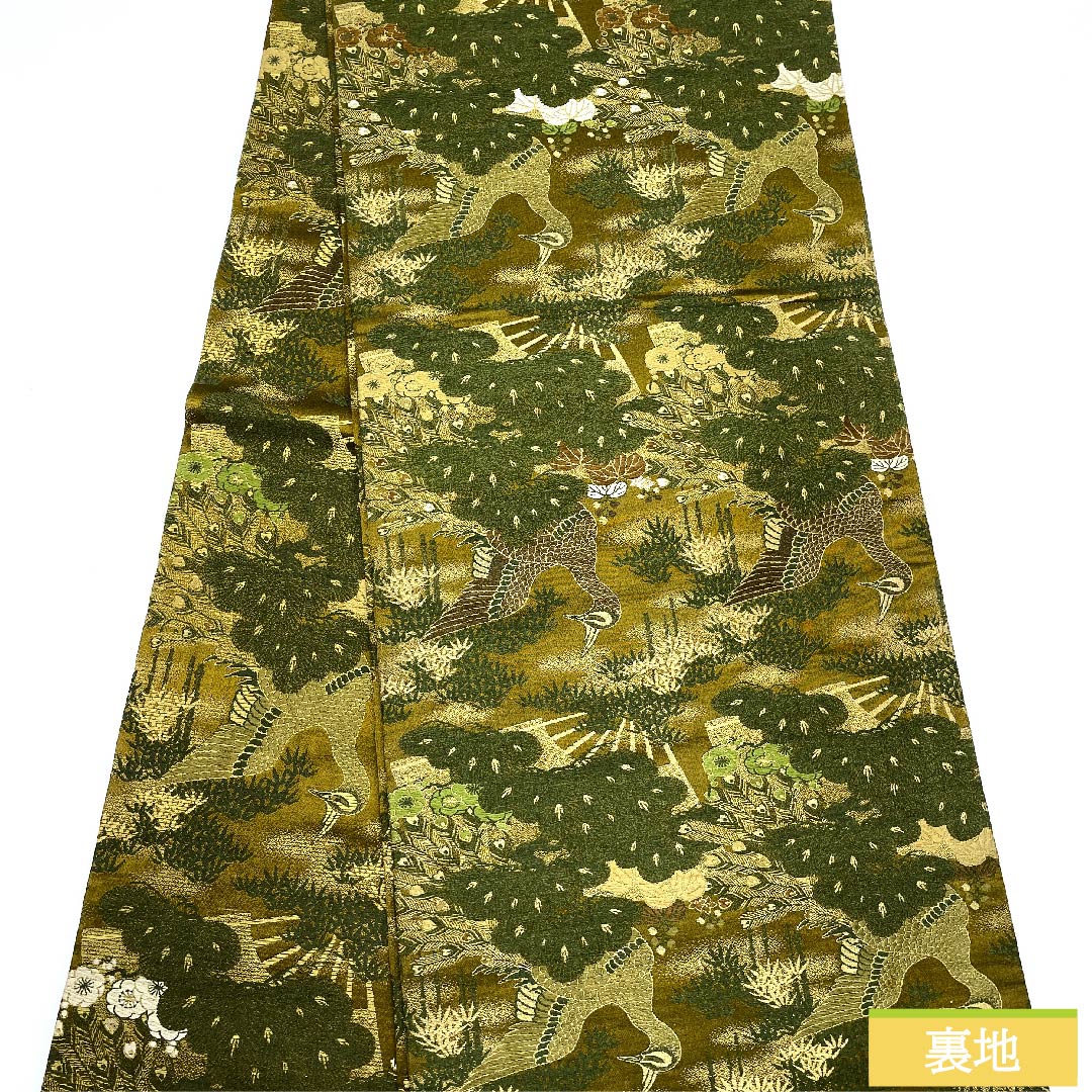 袋帯 正絹 路考茶色(ろこうちゃいろ) 丸帯 孔雀 松竹梅 扇面 帯丈394cm Sランク 全通 フォーマル 黄系 1123011282323