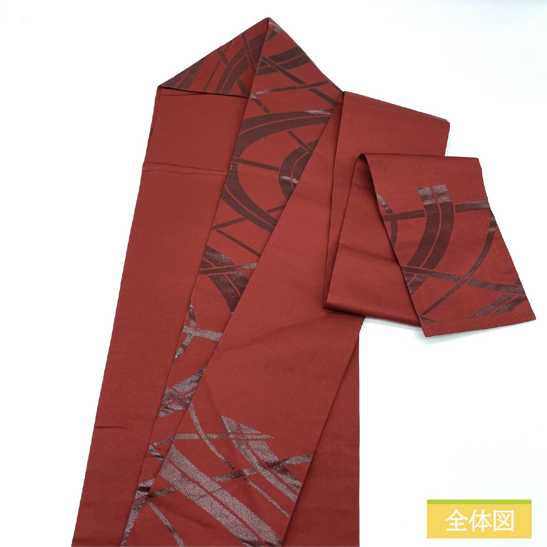 名古屋帯 正絹 Sランク 生臙脂色(しょうえんじいろ) うるし箔 番傘 帯丈353cm 六通 カジュアル 朱系 1124010502316 名古屋仕立て