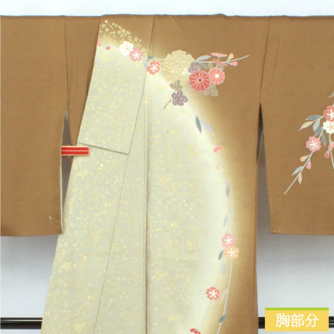 訪問着 正絹 Sランク 袷 身丈169cm 裄丈68cm 糞色(ばばいろ) 京友禅 竹垣 花 橙系 1112006492526